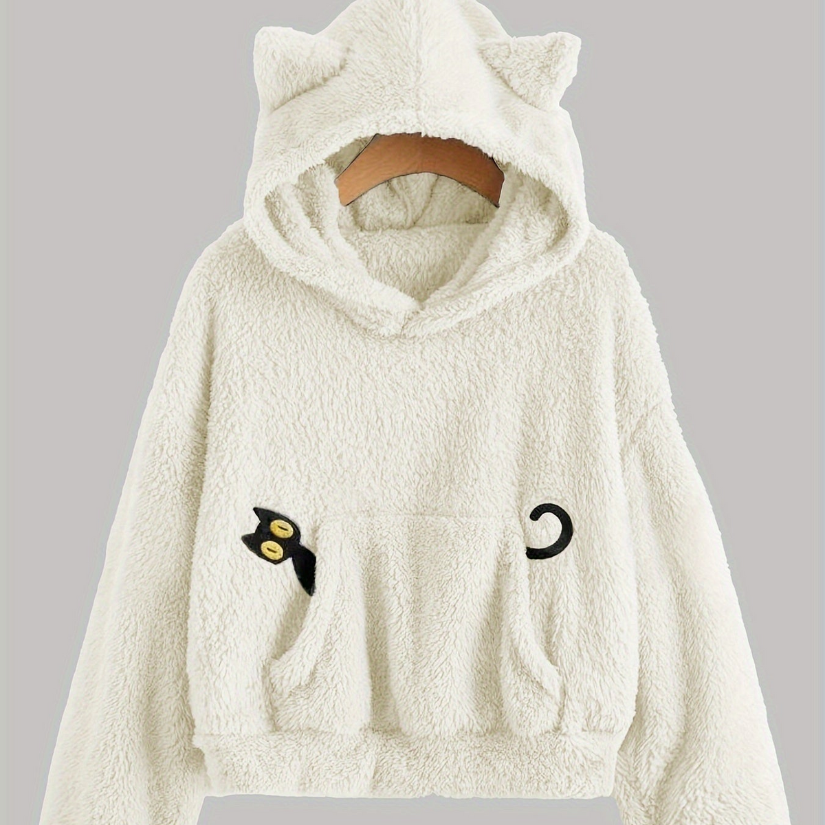 Fleece Hoodie mit Katzenohren und Tasche, flauschig, Grau