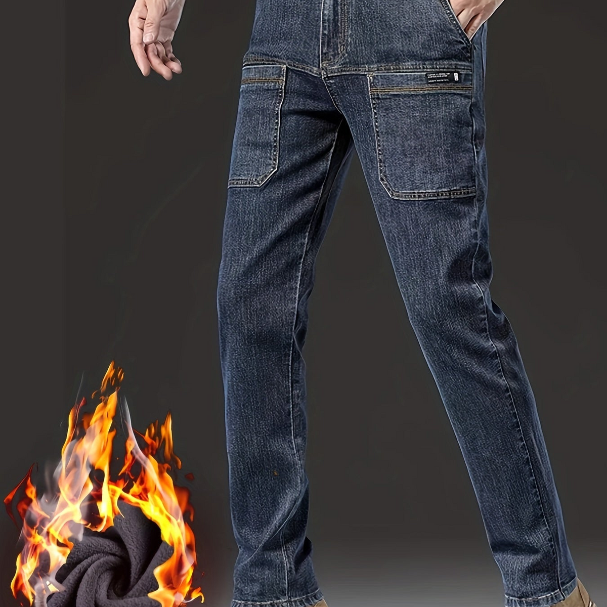 Herren Winter Jeans Hose gefüttert mit Cargotaschen Schwarz