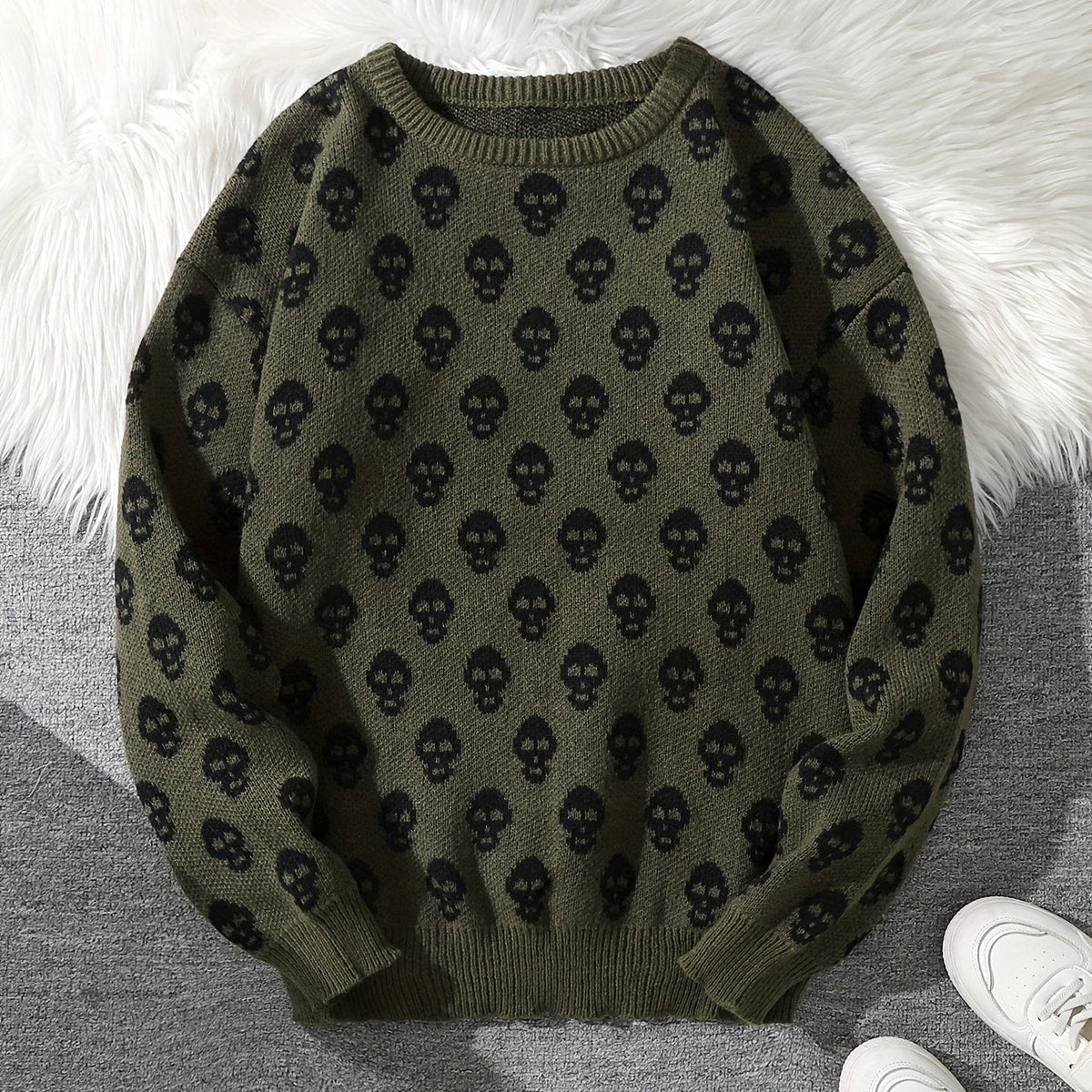 Unisex Pullover mit Totenkopfmuster Strick Rundhals Langarm Strickpullover