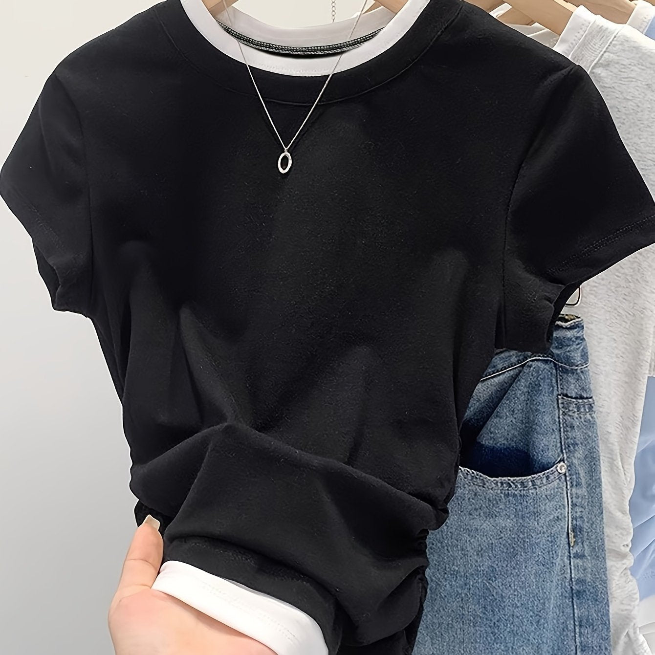 Damen Modernes Kurzarm-Shirt mit Layering-Effekt und Rundhalsausschnitt – Casual Streetstyle