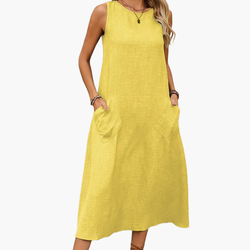Damen Freizeit Midikleid ärmellos mit Taschen – Sommer Boho Look für Alltag und Urlaub