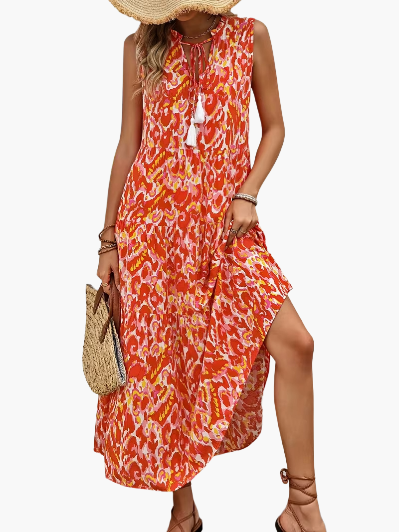 Damen Sommerkleid Elegant Boho Style Ärmellos Midi Freizeitkleid mit Kordel und Quasten