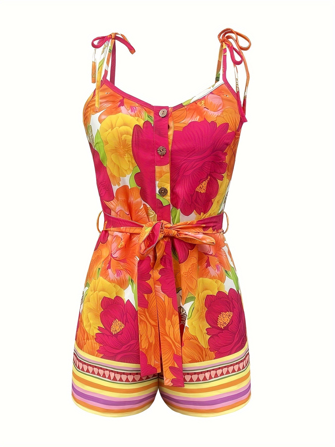 Damen Sommer Jumpsuit mit Gürtel – Eleganter Overall mit buntem Print und Spaghetti-Trägern für Freizeit und Urlaub