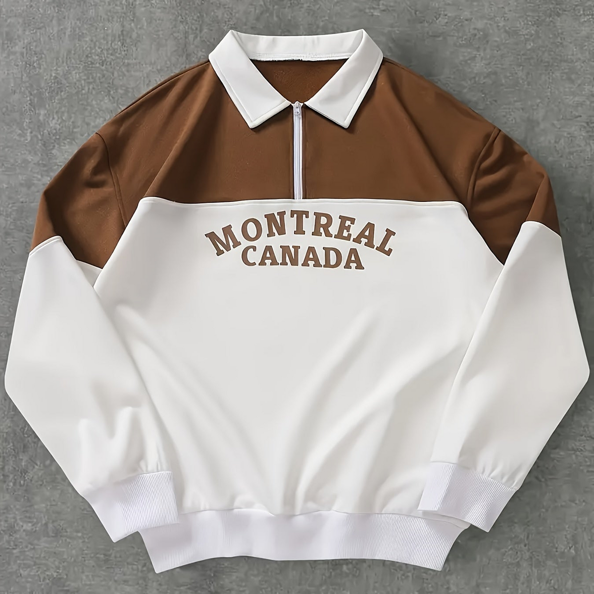 Unisex Polo-Sweatshirt mit halbem Reißverschluss, zweifarbig, "Montreal Canada" Schriftzug, Grün/Weiß