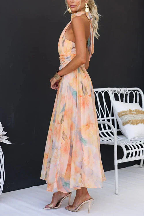 Damen Wasserfarben Maxikleid mit Neckholder – Elegantes Sommerkleid für besondere Anlässe