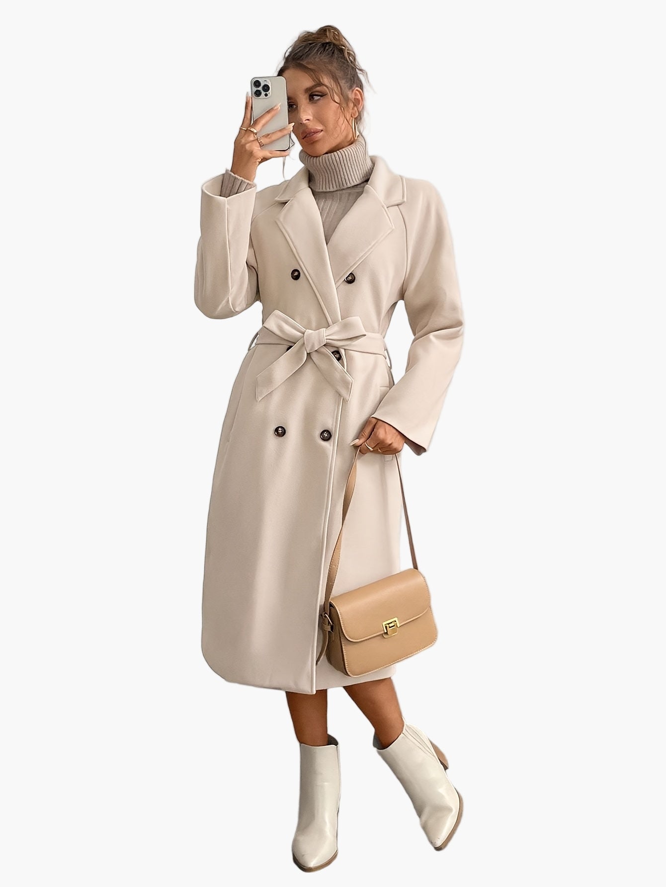 Damen Eleganter Wintermantel mit Gürtel – Langer Veganer Wollmantel für Büro und Alltag