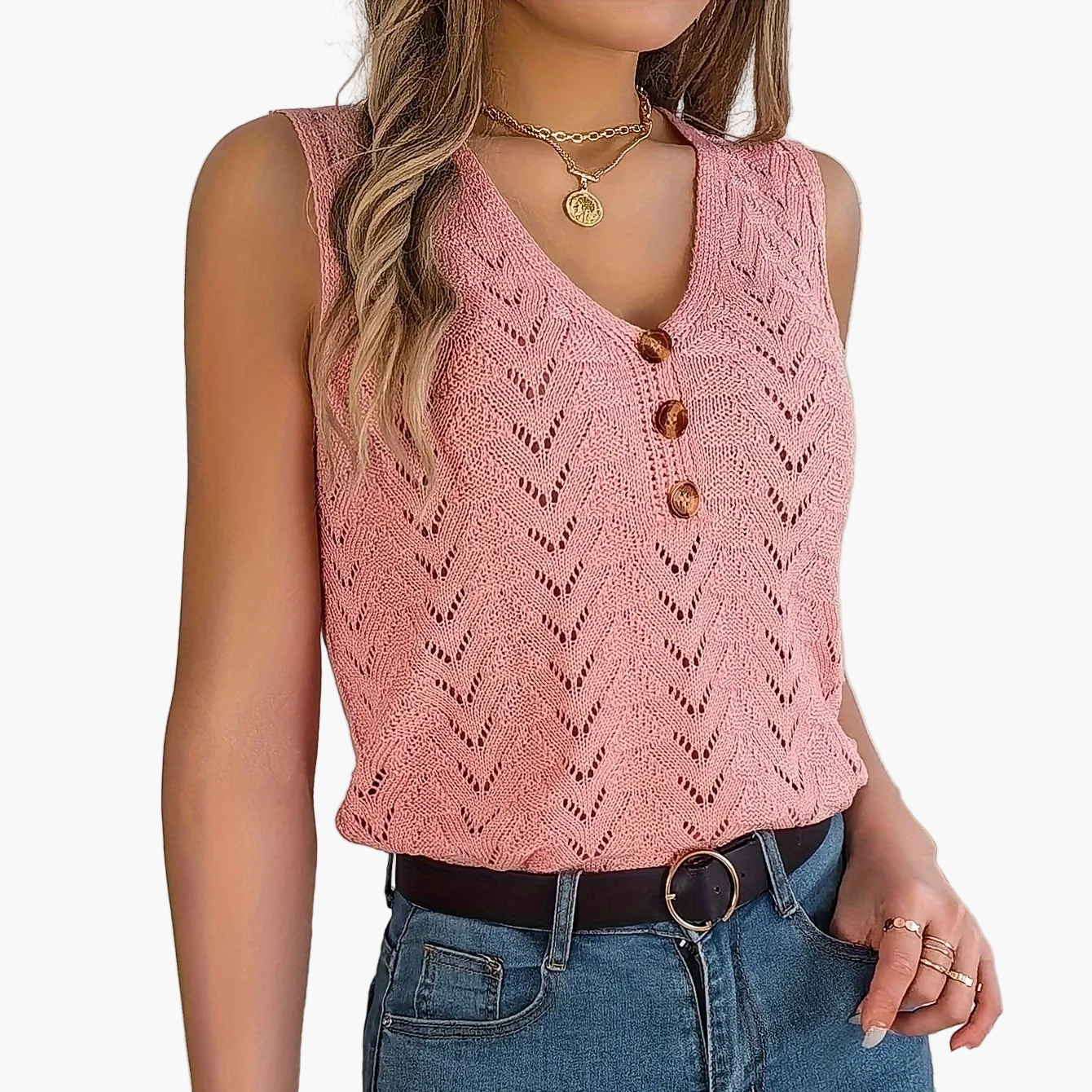 Damen Stricktop im Boho-Stil mit Knopfleiste – Perfekt für Freizeit & Urlaub