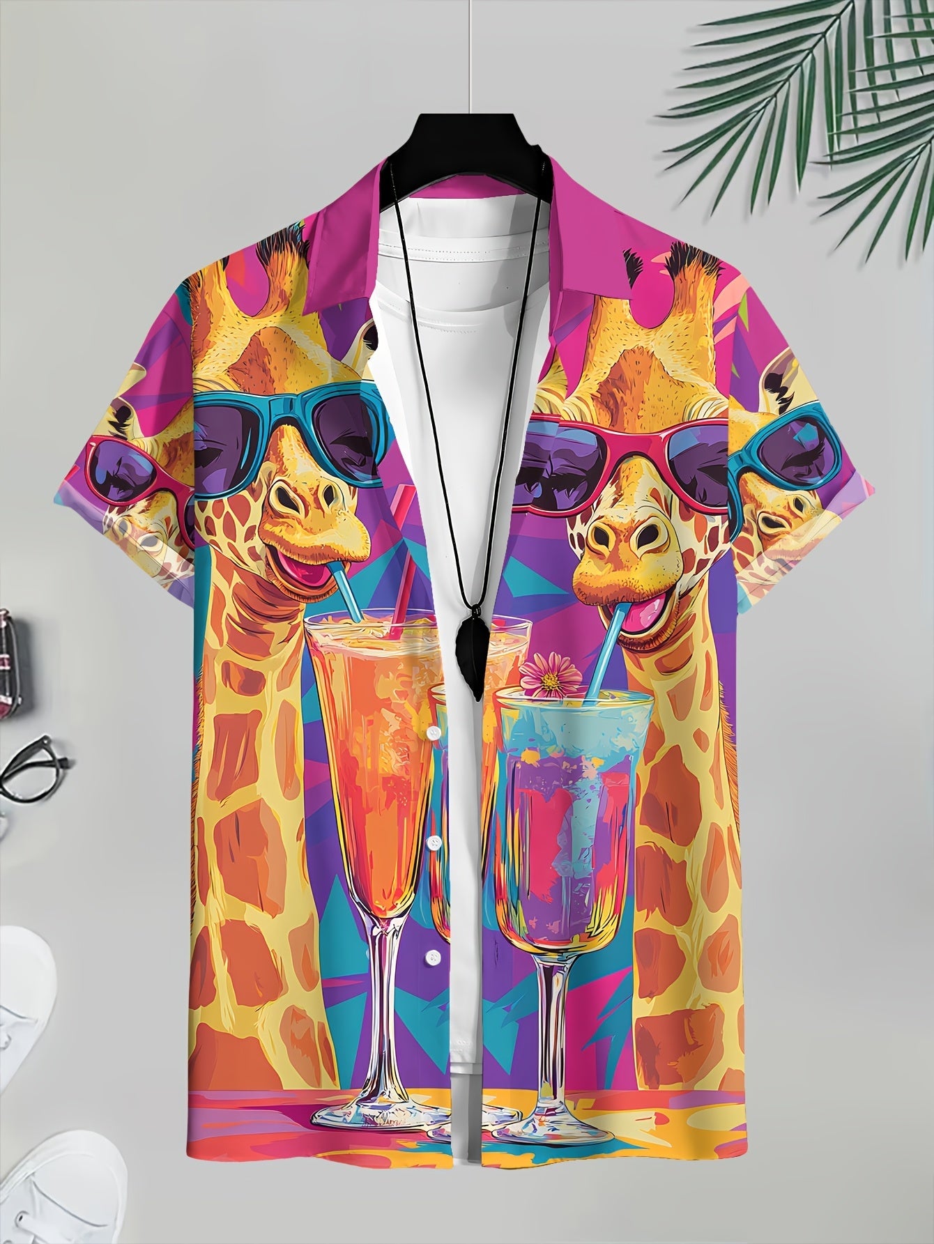 Herren Hawaii-Hemd mit Giraffen- und Cocktail-Print – Sommer Party Freizeithemd