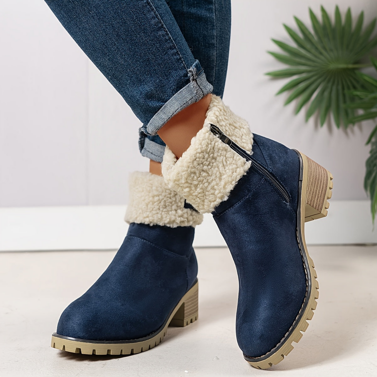Damen Stiefelette mit Schnalle, Plüschrand und Blockabsatz, Farben wählbar