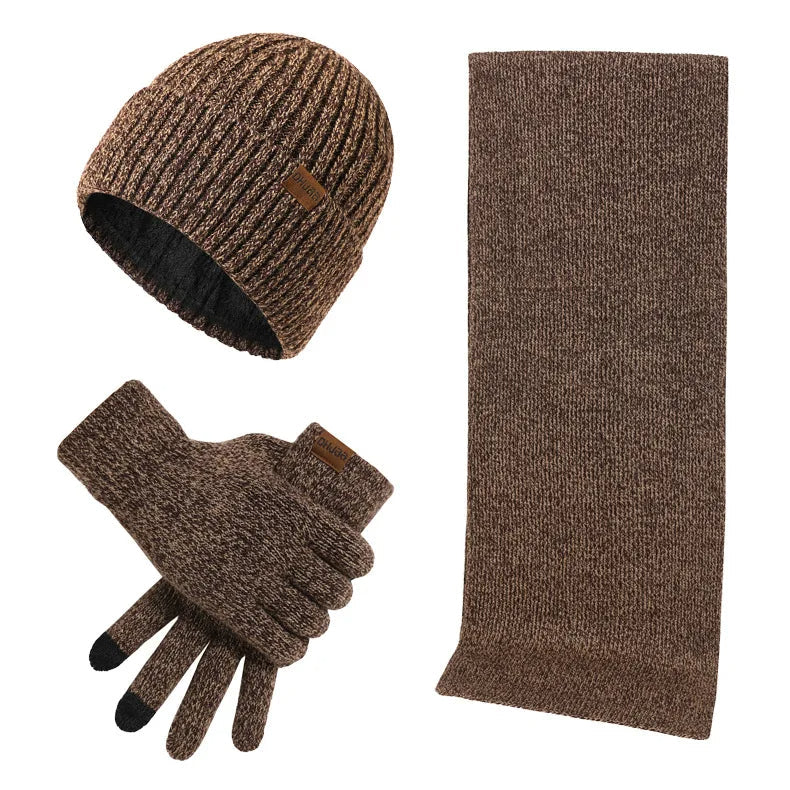 Unisex Winter Strickmütze Schal Handschuhe Set gerippt Touchscreen