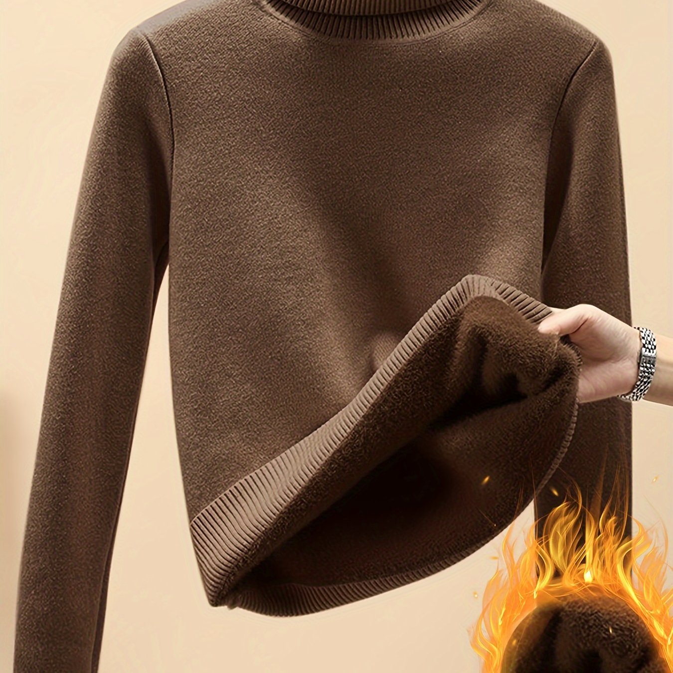 Damen Rollkragenpullover mit Plüschfutter – warm, Langarm