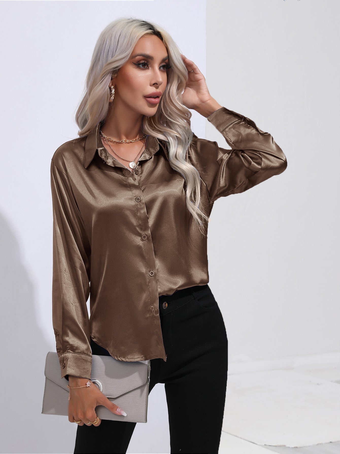 Damen Elegante Glanz-Bluse mit Knopfleiste – Klassische Langarm-Hemdbluse für Büro & Abend