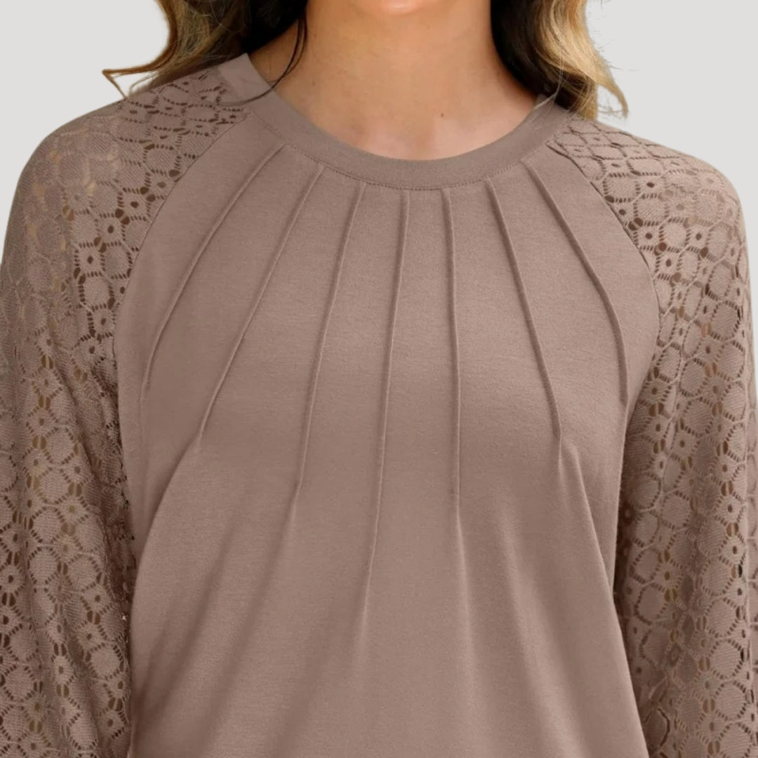 Damen Bluse mit Spitzenärmeln und Falten-Design – Elegante Freizeit- und Büro-Mode