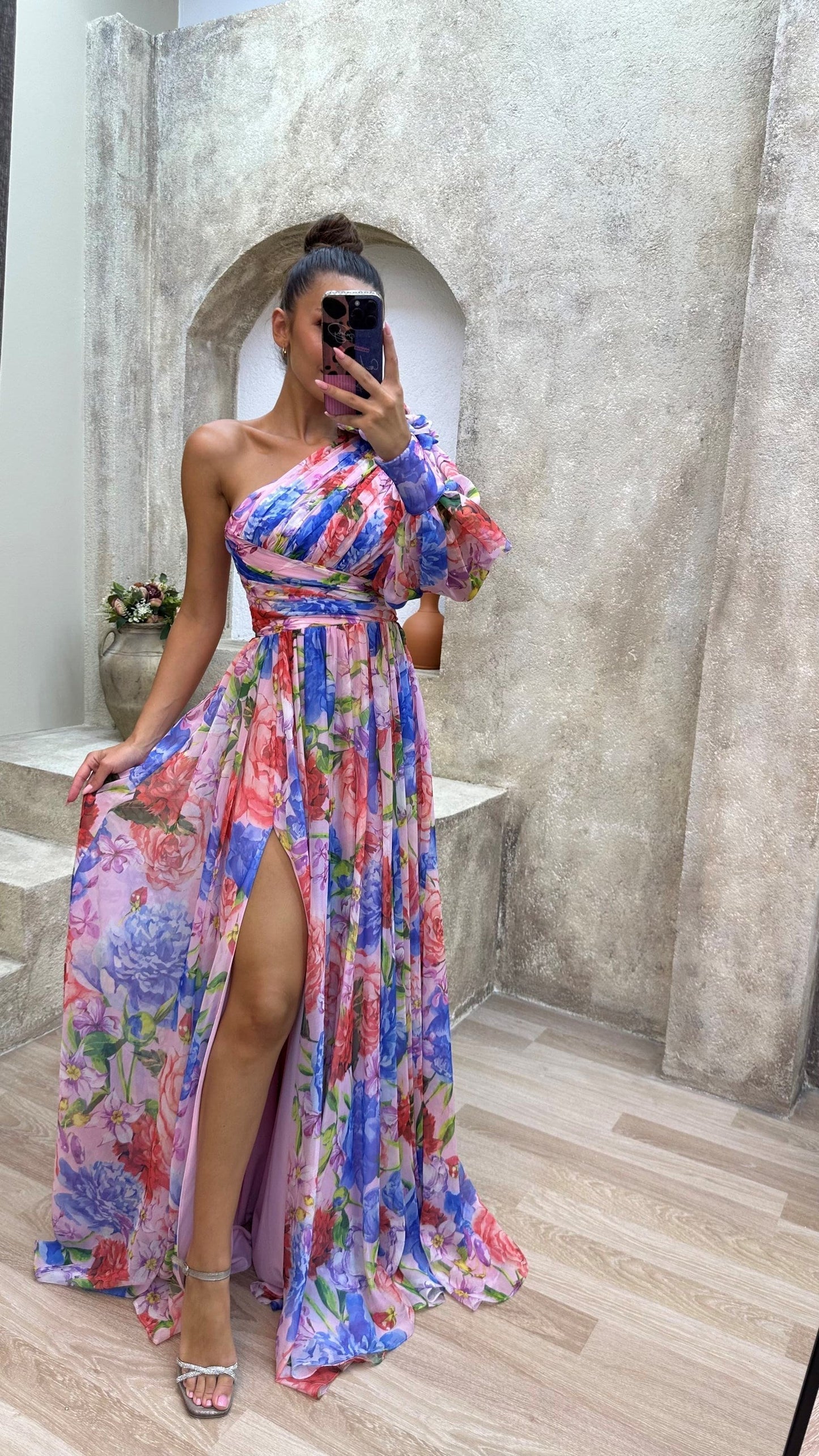 Damen Maxikleid One-Shoulder mit Blumenmuster – Elegantes Sommerkleid für festliche Anlässe