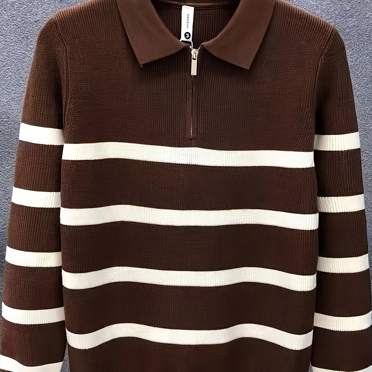 Unisex Langarm Poloshirt mit Reißverschluss, gestreift, gerippt, lockere Passform