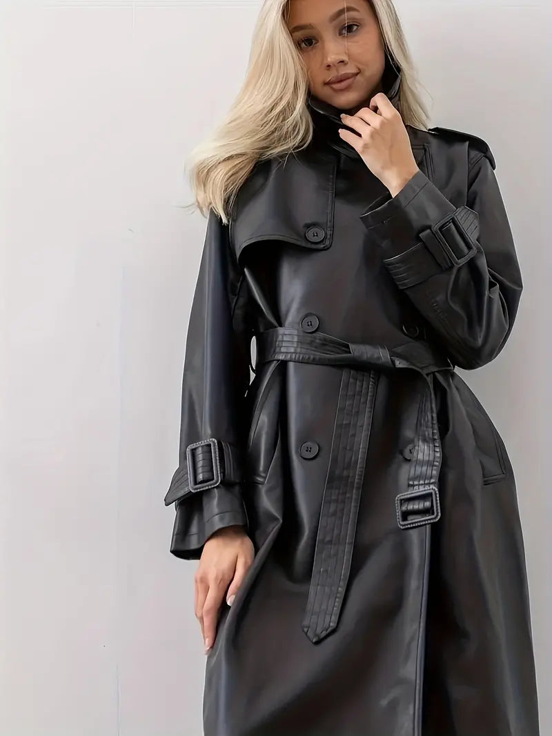 Damen Trenchcoat – Eleganter Veganem Leder-Look, Lang, Doppelreihig, Mit Taillengürtel, Stilvoll Für Herbst & Winter