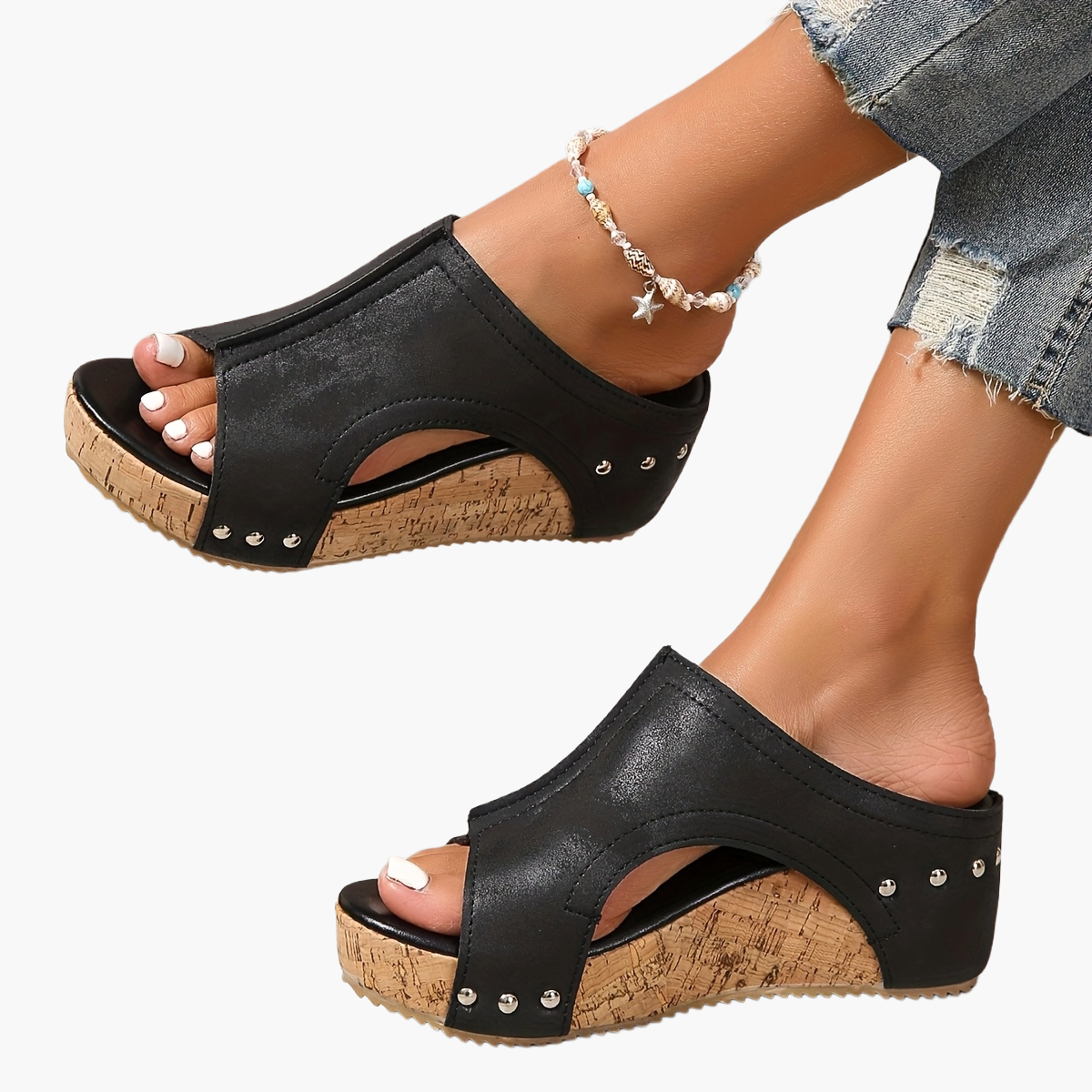 Damen Vintage Keilsandaletten mit offener Spitze für den Sommer – Bequeme Slip-On Plateau-Schuhe