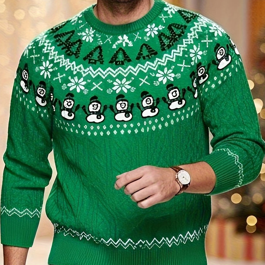 Weihnachtspullover Herren Dunkelrot mit Schneemann & Schneeflocken