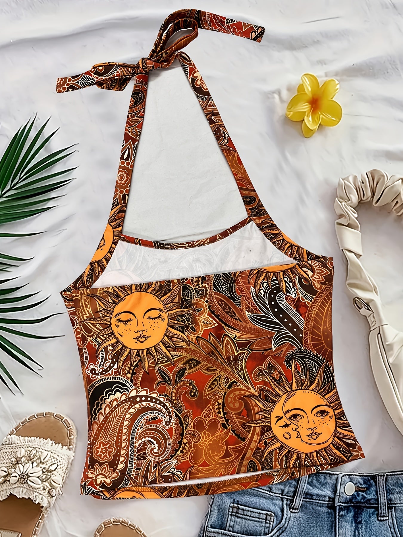 Damen Vintage Halterneck Top mit Sonnen- und Mond-Print – Sommer Boho Style
