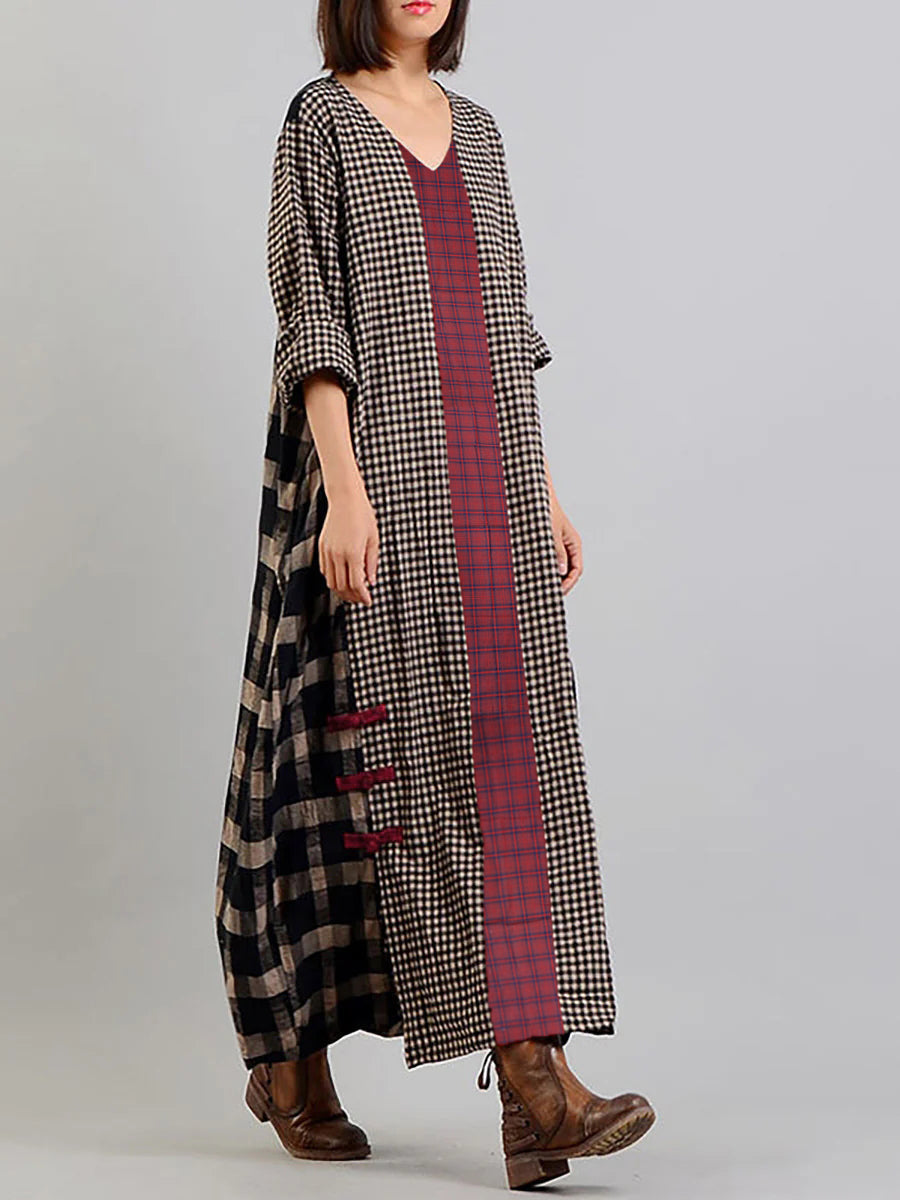 Damen Retro Maxikleid mit Karomuster und V-Ausschnitt – Lässiger Vintage-Stil für Alltag und Freizeit