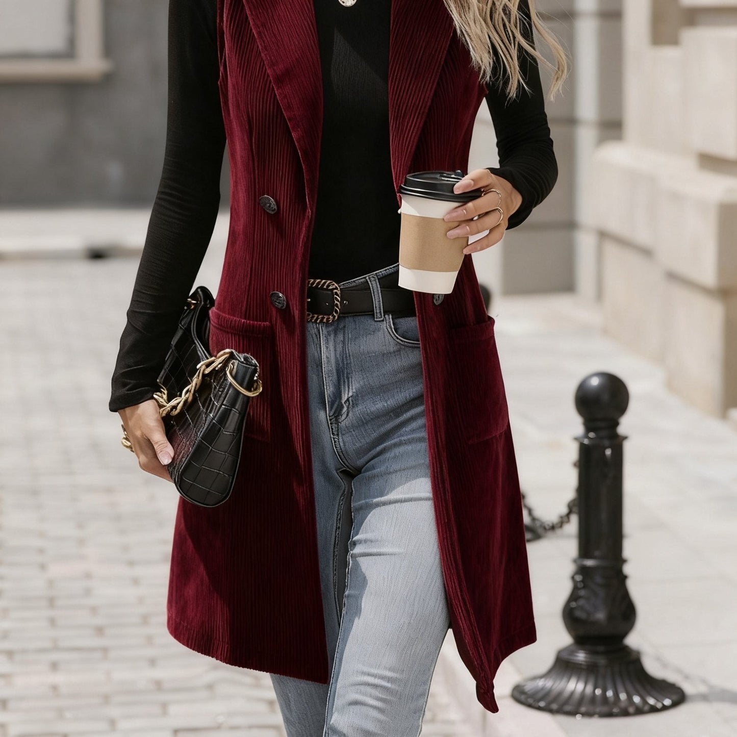Damen Lang Weste Cord Langarm-Blazer-Weste Zweireihig Mit Taschen