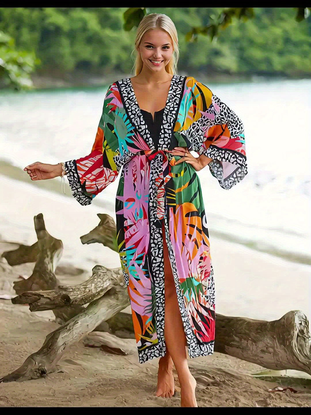 Damen Kimono Strandkleid – Langer, gemusterter Überwurf für Urlaub und Resort