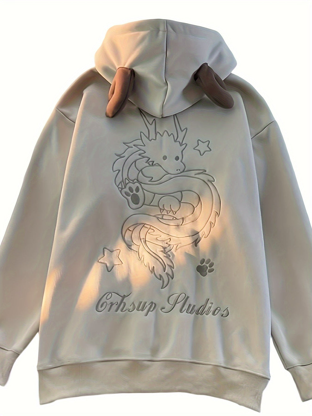 Unisex Reißverschluss Hoodie mit Hörnern und Drachenstickerei Beige
