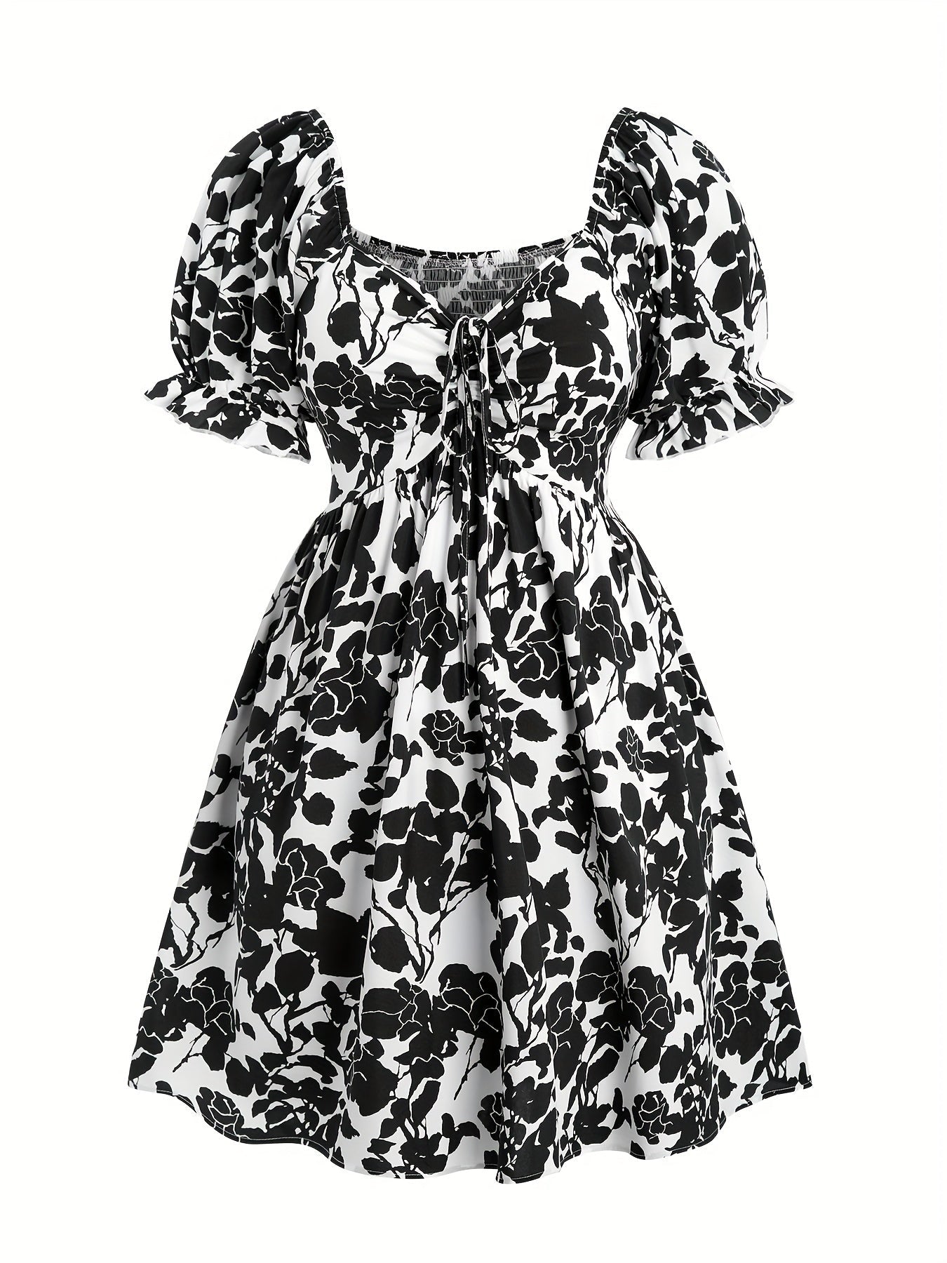 Damen Sommerkleid Elegant Fit & Flare mit Blumenmuster und Puffärmeln – Perfekt für Urlaub und Freizeit