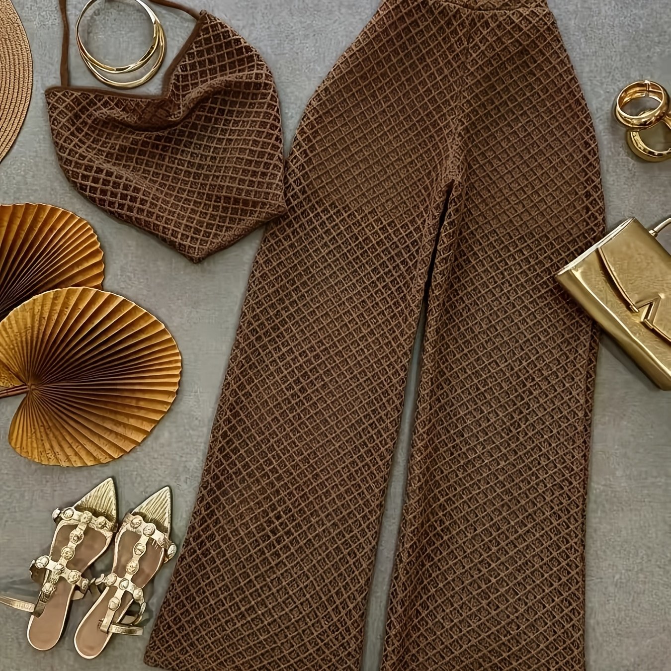 Damen Set Elegantes Häkel-Outfit mit Top und weiter Hose – Stilvolles Strand- & Urlaubsensemble
