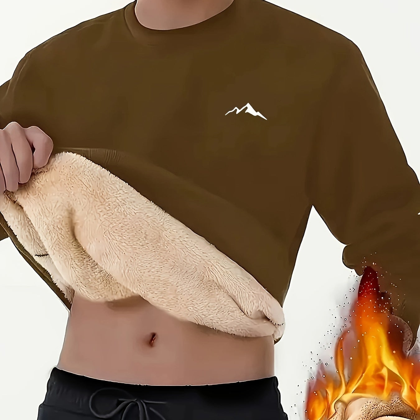 Herren Plüschfutter Sweatshirt mit Berg-Motiv, Rundhals Langarm-Pullover