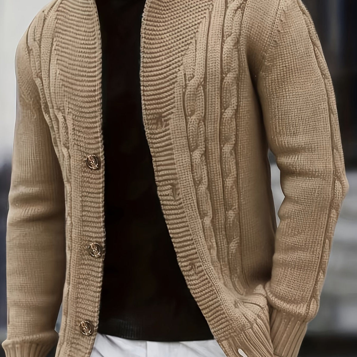 Herren Strickjacke Zopfmuster mit Schalkragen und Knöpfen