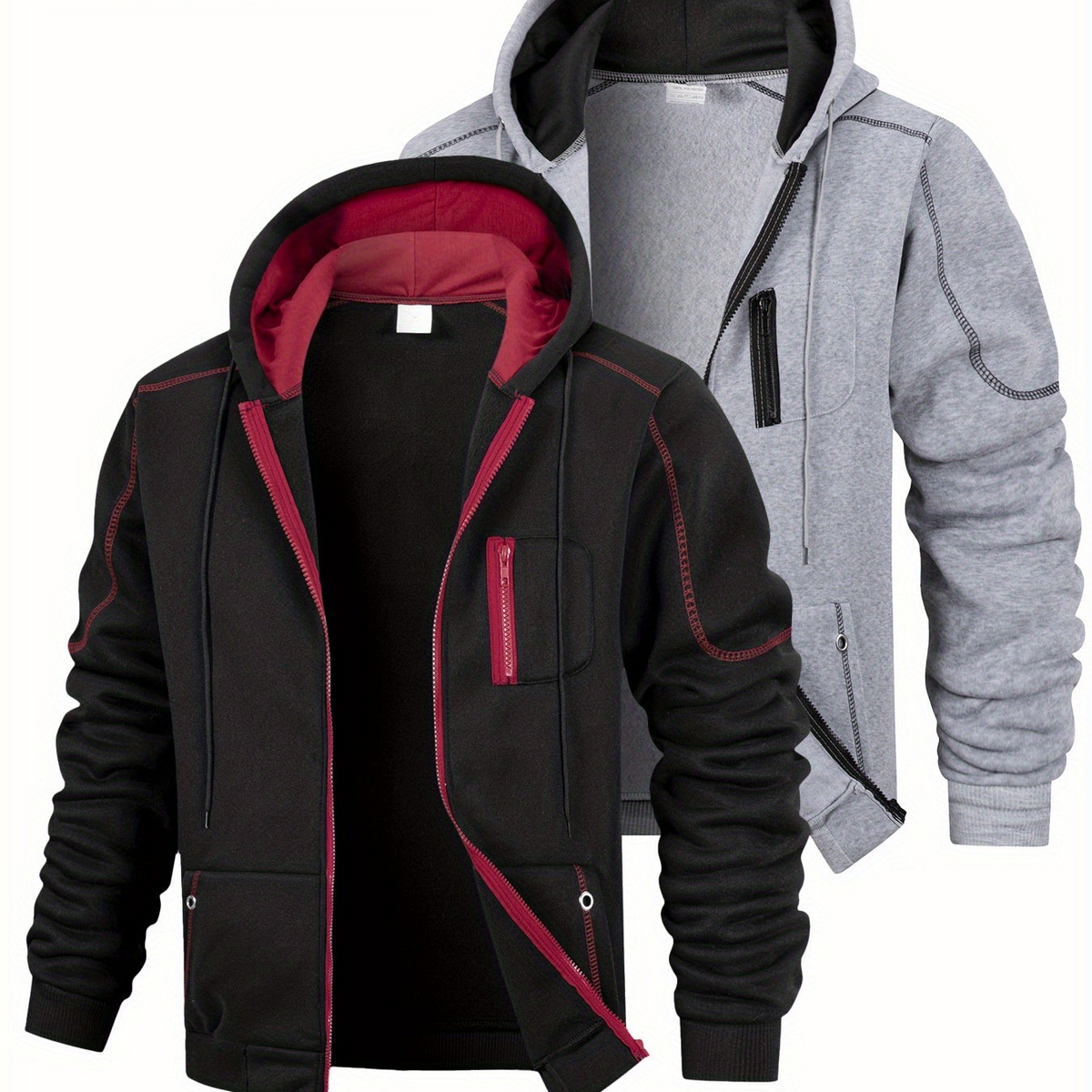 Herren Hoodie mit Reißverschluss 2er-Set, Kontrastnähte & Kapuze, Sport Freizeit