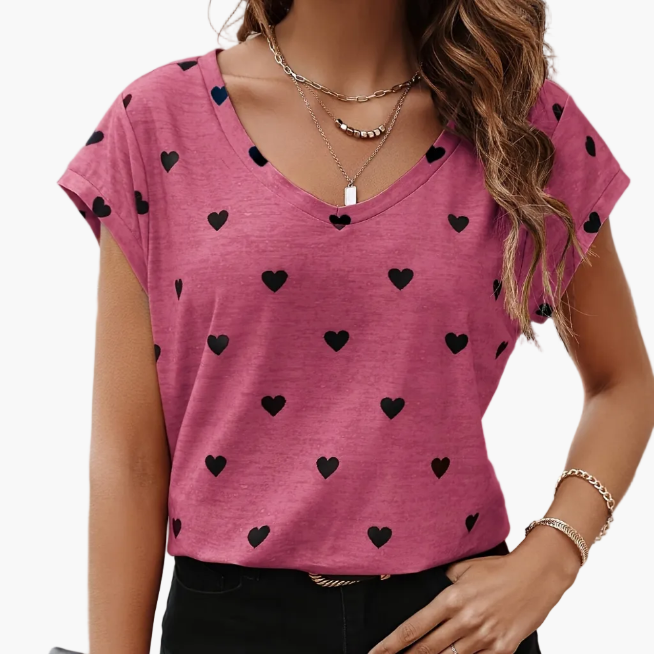 Damen Herzmuster V-Ausschnitt T-Shirt – Modisches Freizeitshirt für Alltag und Sommer