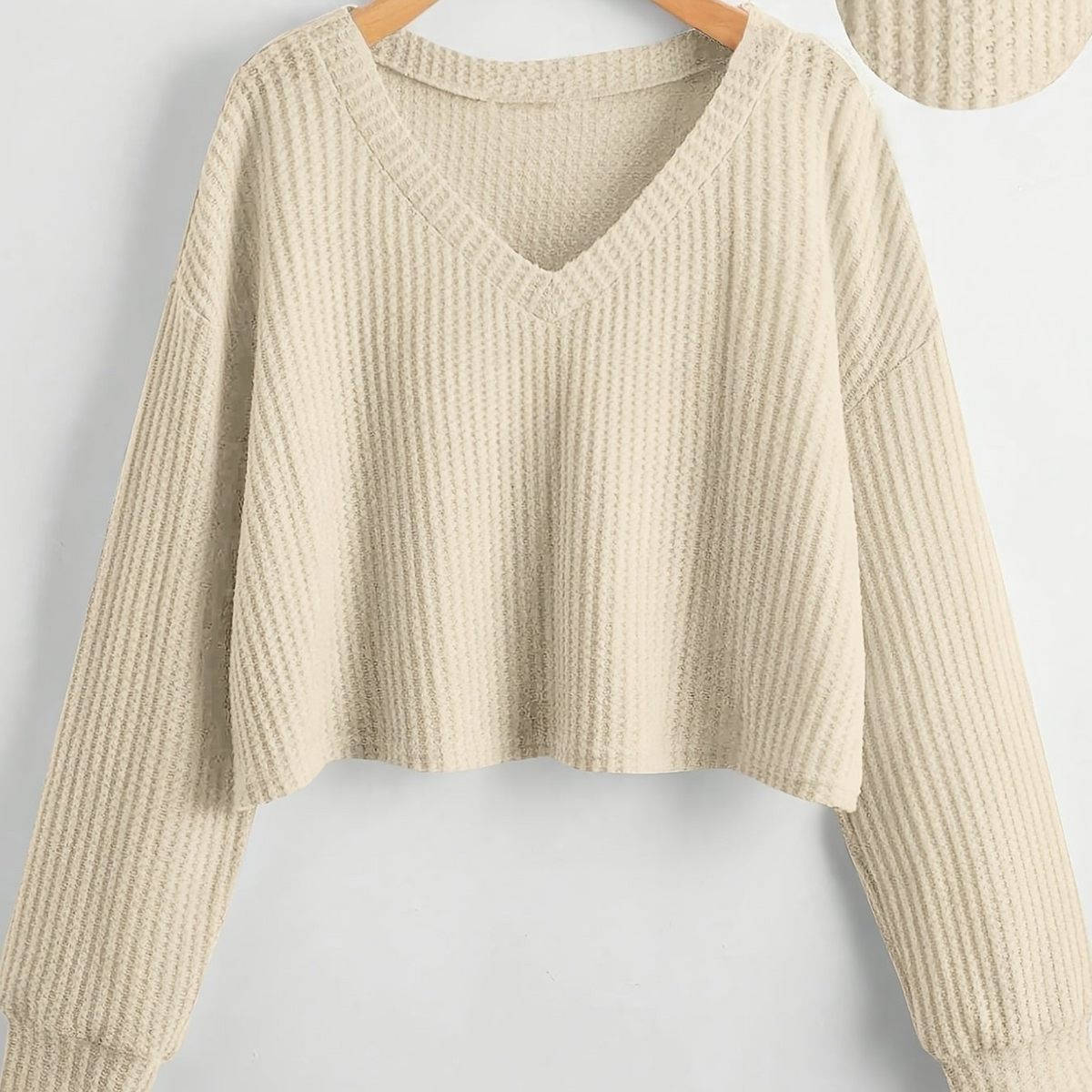 Damen Crop Pullover V-Ausschnitt Langarm Waffelstruktur Schwarz