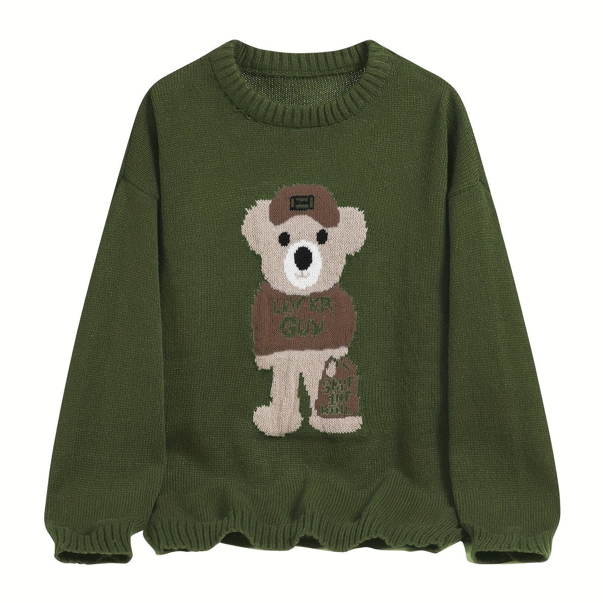 Unisex Strickpullover mit Teddybär-Muster Rundhalsausschnitt Langarm