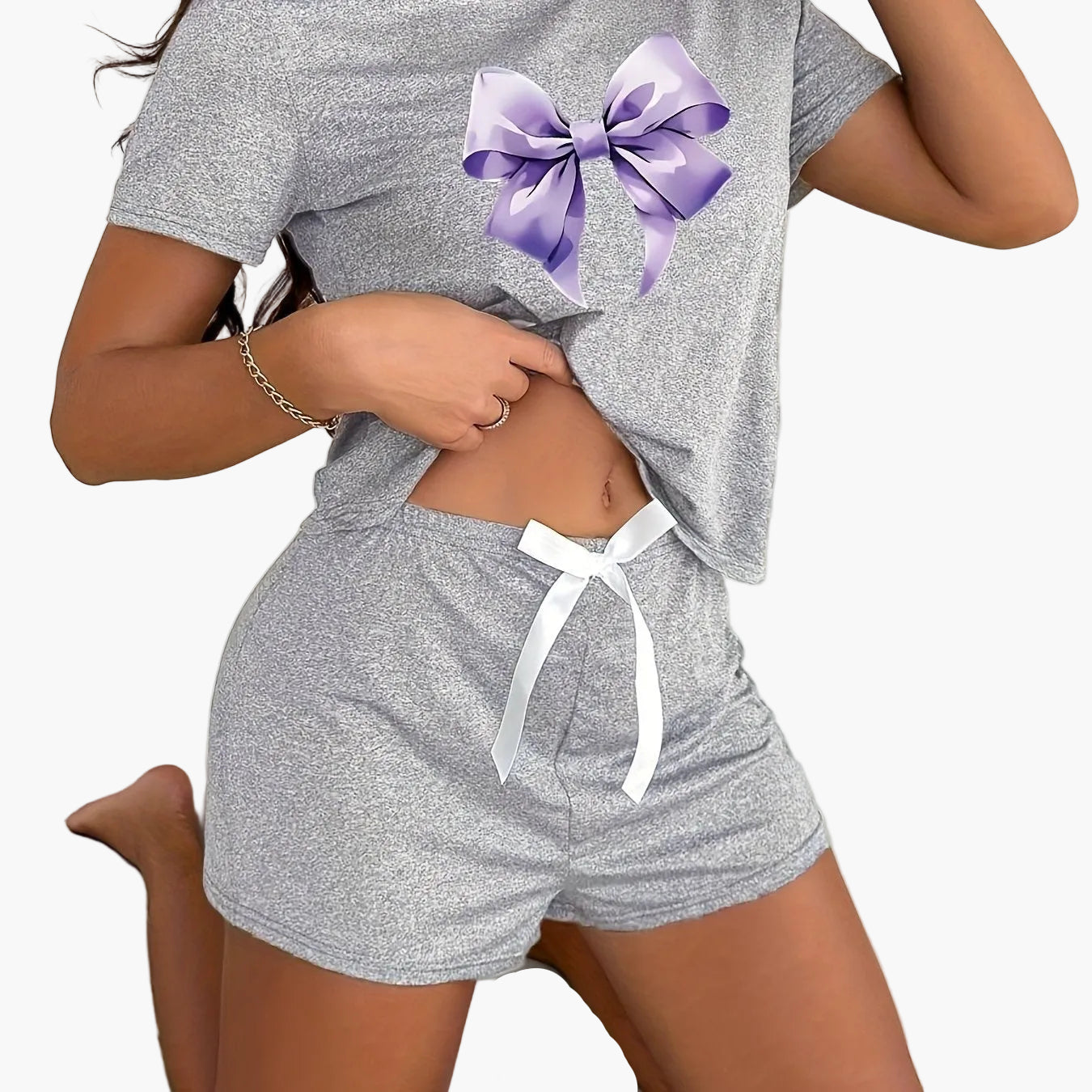 Damen Pyjama Set mit Schleifen-Print – Kurzarm Shirt & Shorts, Modernes Lounge- & Schlafanzug-Design