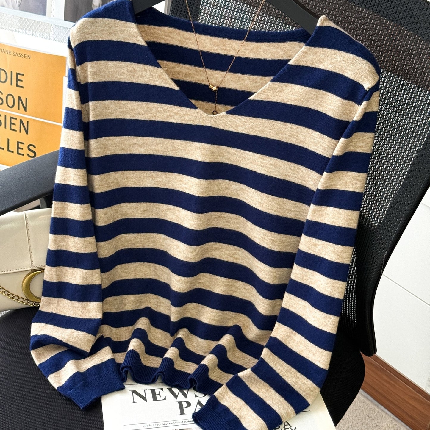 Damen Pullover V-Ausschnitt Gestreift Beige Marineblau Langarm