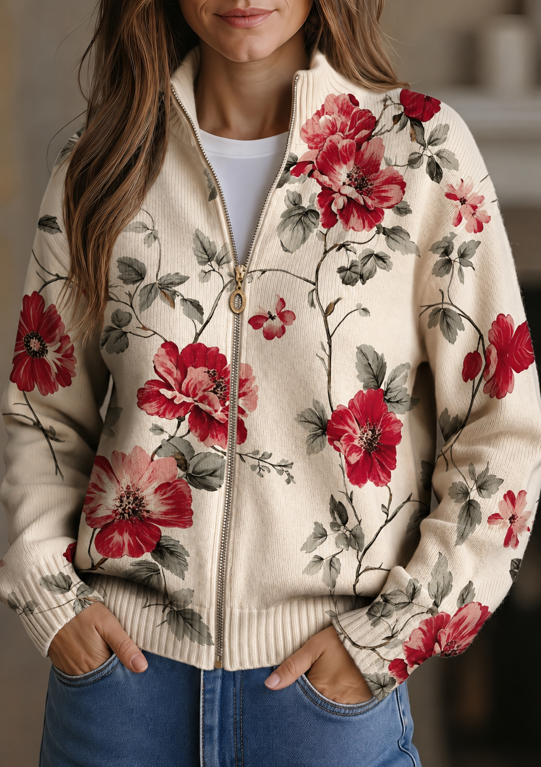 Damen Strickjacke mit Reißverschluss und Blumenmuster in Creme-Rot