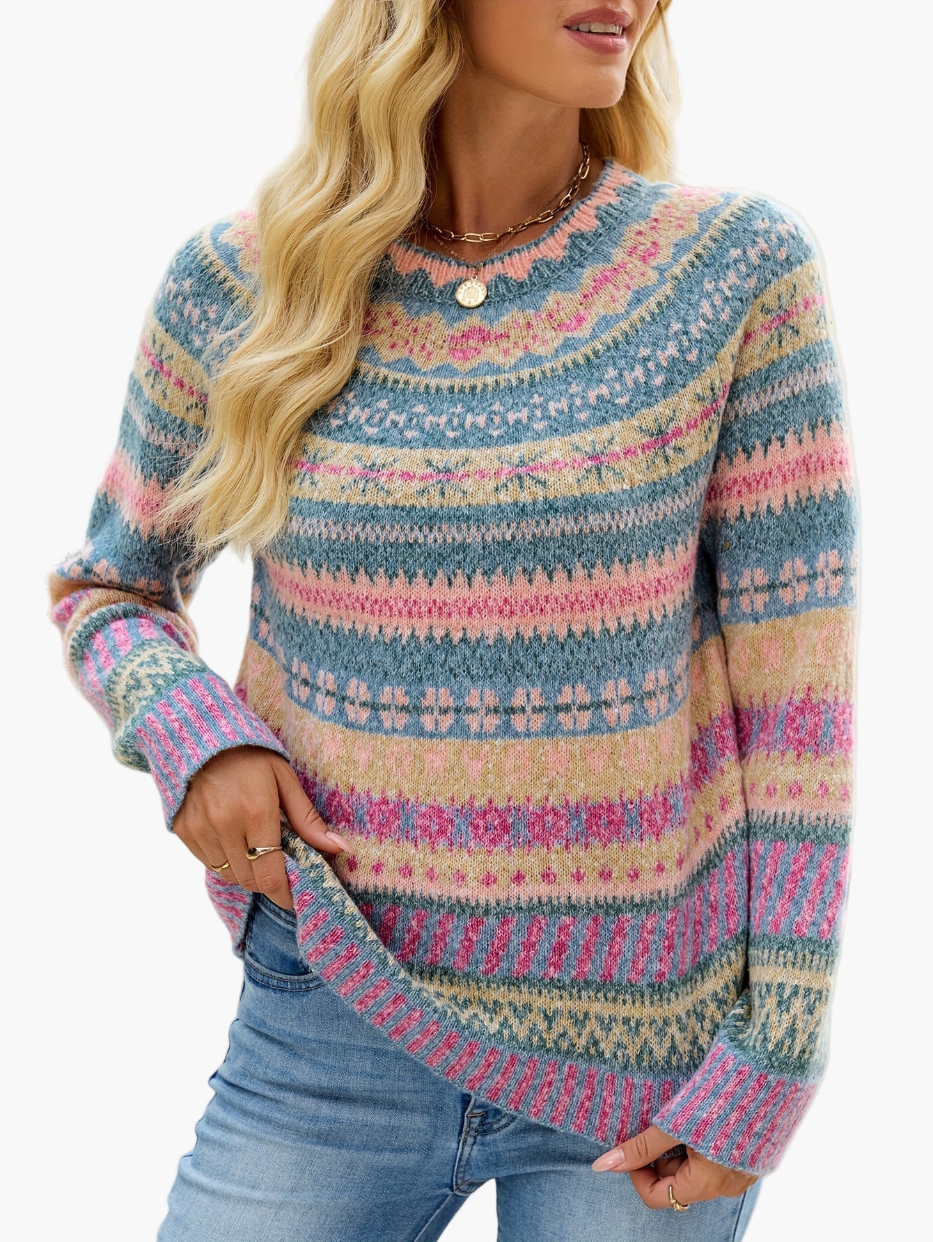 Damen Pullover Eleganter Strick Fair Isle Muster Herbst Winter Freizeit