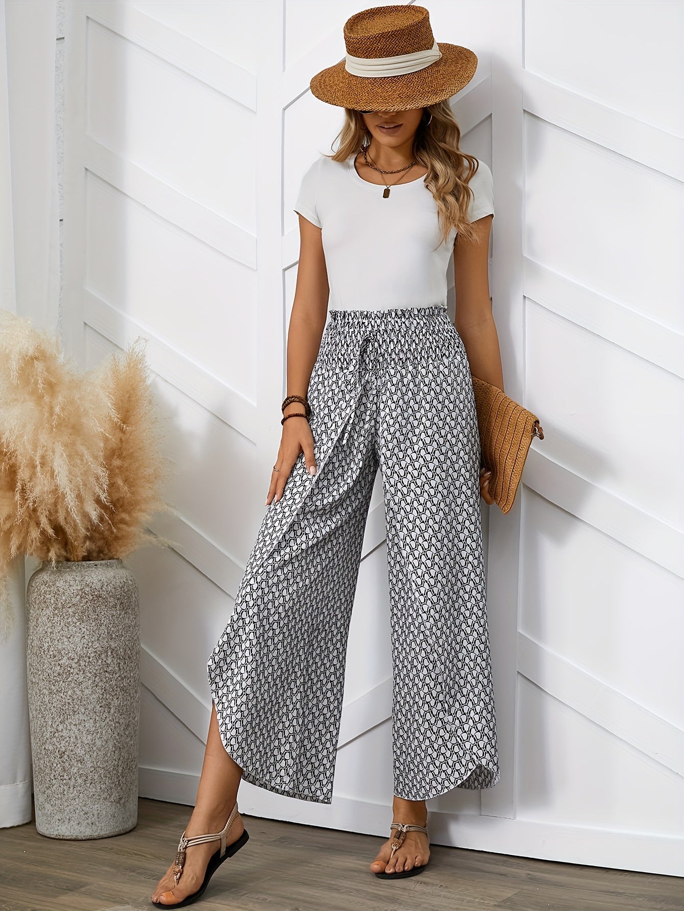 Damen Weite Bein Hose mit geometrischem Muster – Eleganter Sommer-Look für Freizeit und Alltag
