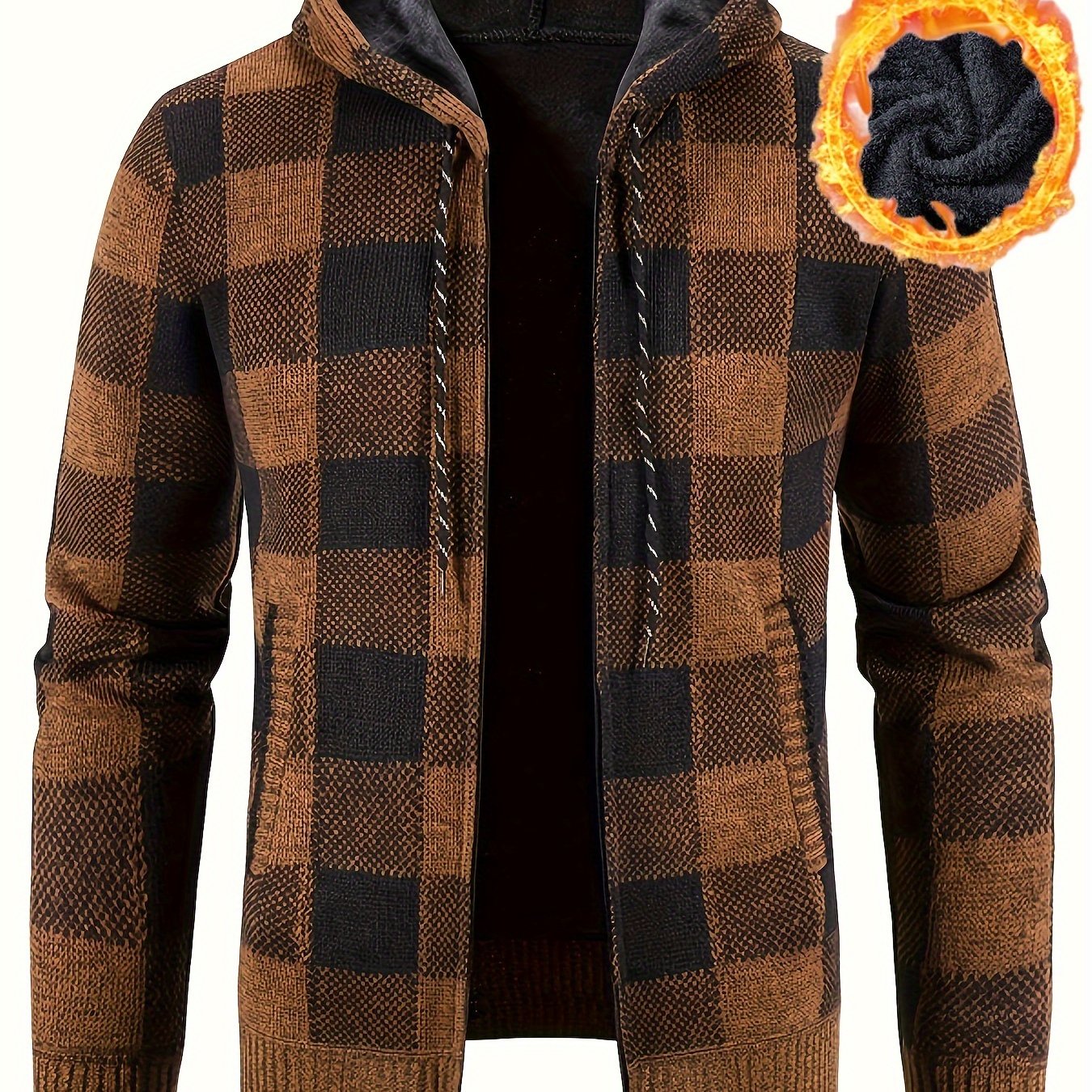 Herren Hoodie mit Reißverschluss, kariert, gefüttert, warm, Braun Schwarz
