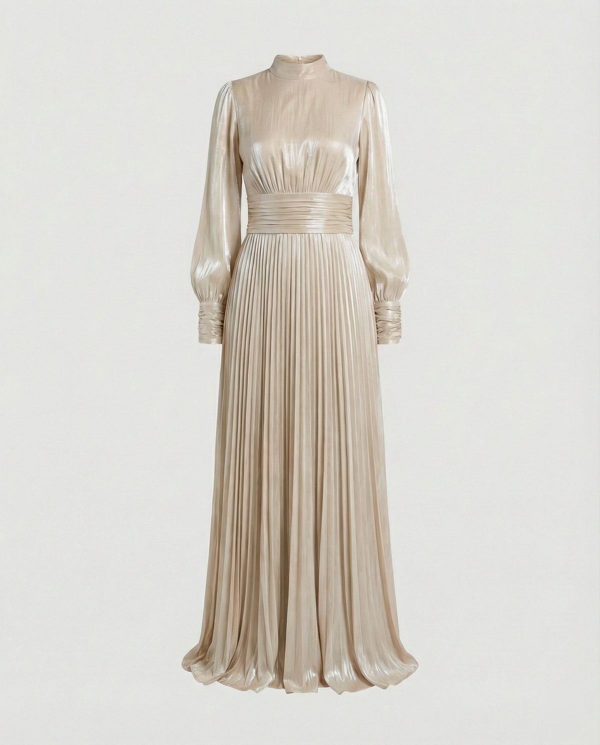 Damen Maxi-Kleid Hochgeschlossenes Langarm-Kleid mit Plissee-Rock