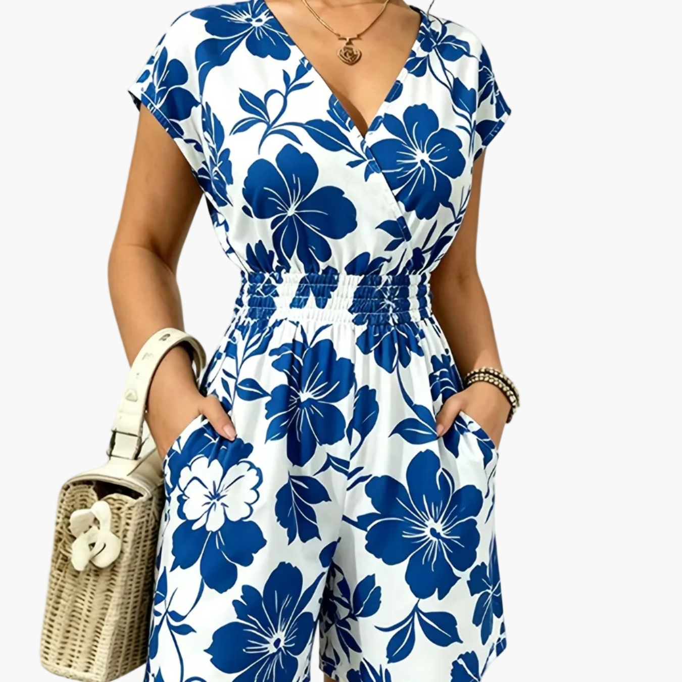 Damen Jumpsuit mit V-Ausschnitt und tropischem Print – Modischer Einteiler für Freizeit & Urlaub