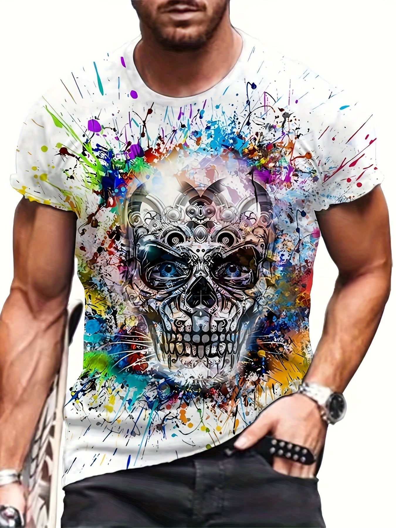 Herren T-Shirt mit Totenkopf und Farbklecks Design – Urban Streetwear, Kurzarm, Plus Size