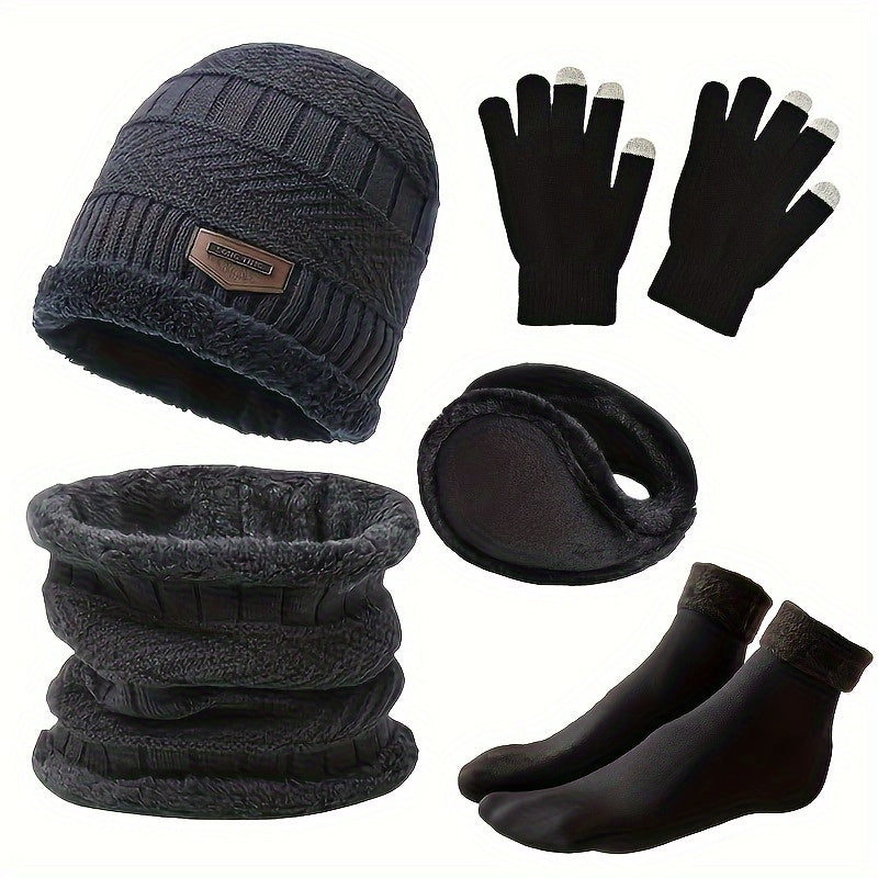 Winter Set Mütze Schal Handschuhe Ohrenschützer Socken Strick Fleece Warm Unisex