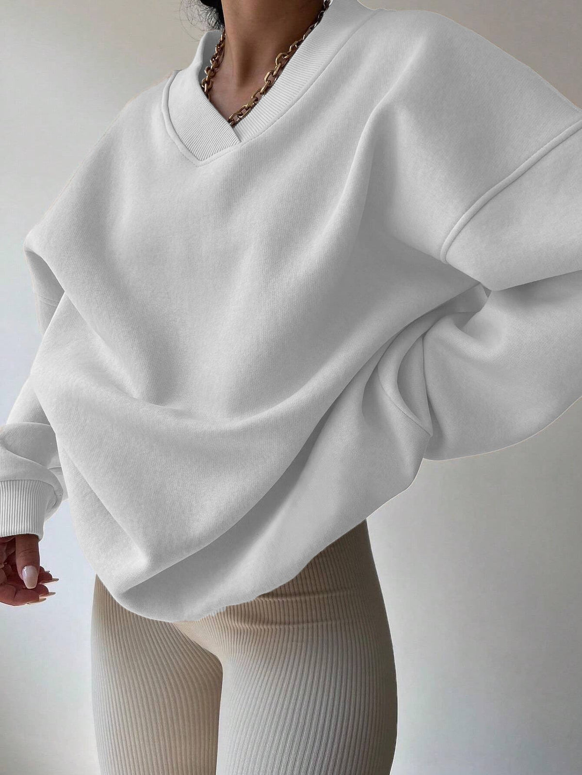Damen Oversize Sweatshirt V-Ausschnitt Langarm Weiß