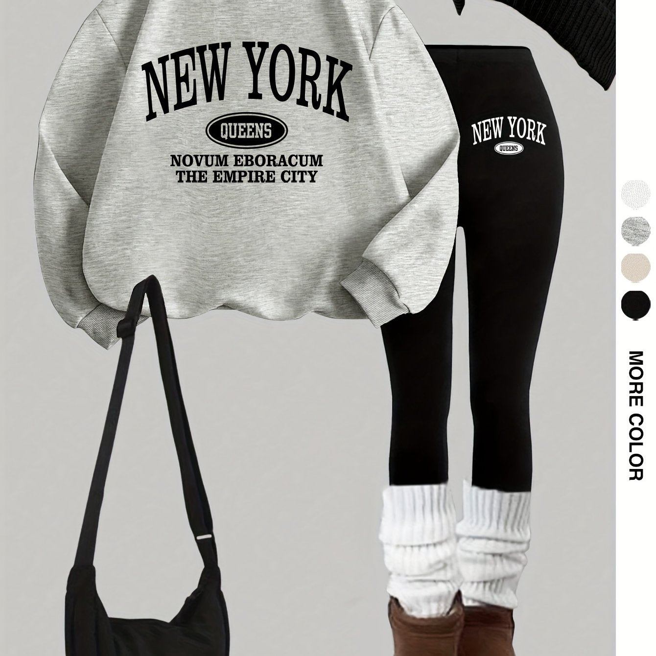 Damen Set: Pullover & Leggings mit 'New York Queens' Print, Rundhalsausschnitt
