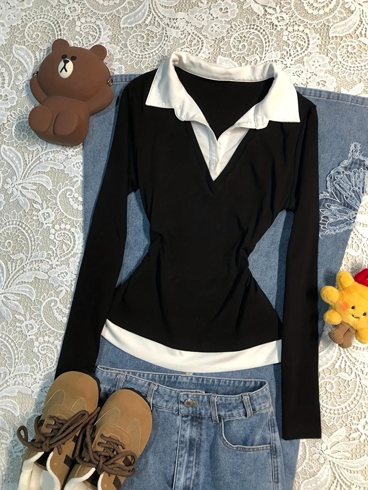 Damen Langarmshirt Schwarz Weiß mit Kragen