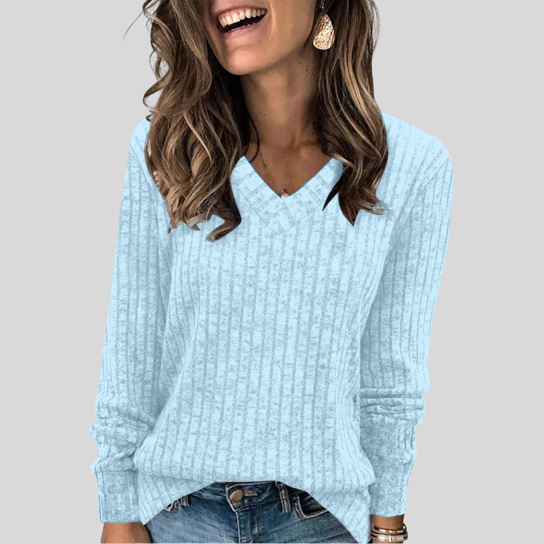 Damen Gerippter Pullover mit V-Ausschnitt, Langarm