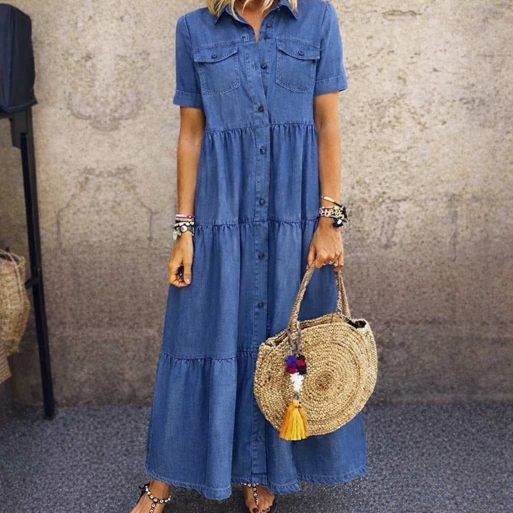 Damen Jeans Maxikleid mit Knöpfen & Stufenrock, Kurzarm